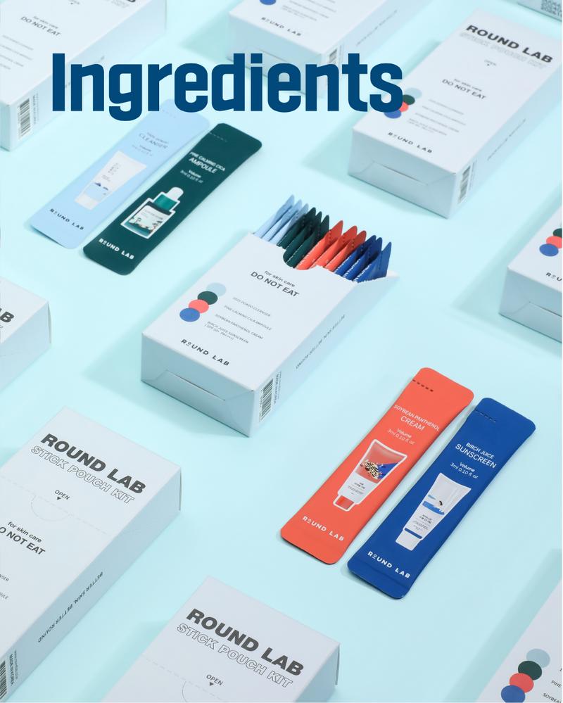 ROUND LAD Stick Pouch Kit – Gentle K-Beauty Skincare to Go |Travel-friendly | Comfort (1025 Dokdo Cleanser 3ml*3ea, Pine Calming Cica Ampoule 3ml*3ea, Soybean Panthenol Cream 3ml*3ea, Birch Juice Moisturizing Sunscreen 3ml*3ea)