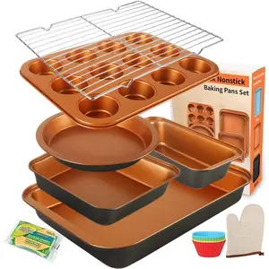 6-Piece Baking Pan Set – Nonstick, Stackable Bakeware with Cookie Sheets, Round/Square Cake Pans, Loaf Pan, Rack, and Oven Mitt for Home Bakers, Gold