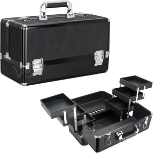 Ver Beauty Makeup Organizer, Cosmetic Travel Kit, Makeup Artist Supplies, 6-Tier Lockable Storage Box, Makeup Train Case, Aluminum Case, Lightweight & Portable (Black Glitter)
