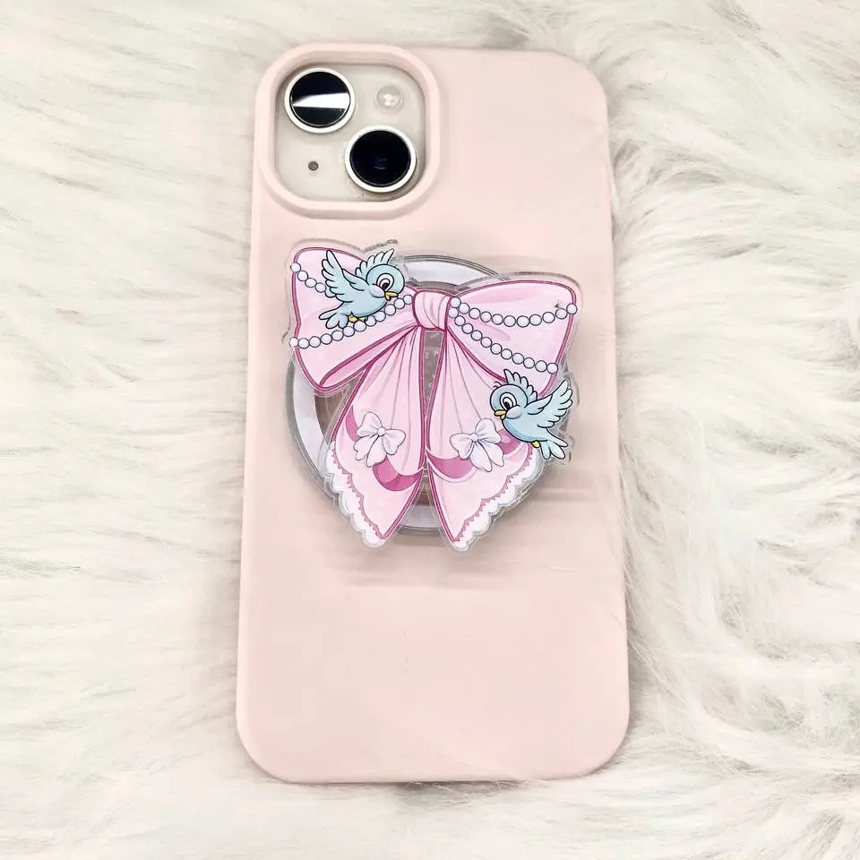 Coquette Pink Bow with Blue Birds MagSafe Phone Grip – Magnetic Phone Holder & Kickstand – Girly Princesscore Accessory
