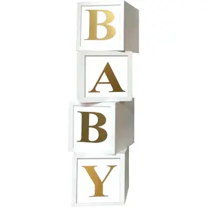 Shower Boxes Party Decorations - 4 count Stereoscopic White  Boxes with  +A-Z Letters,Babe Balloon Party Box Blocks for Teddy Bear BabyShower,Boy Girl 1st Birthday Parties Backdrop