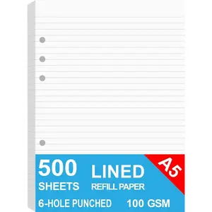 (5 Pack) A5 Lined Refills Paper for Filofax Planner/Binders/Organizer, 6 Hole Punched, Total 500 Sheets/1000 Pages, 100gsm, White, 5.8 x 8.2 Inch Filler Paper