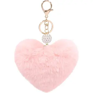 Women'S Heart Faux Fur Pom Pom Key Chains Bag Accessory Puffball Keyring Backpack Charms for Girls FEBD