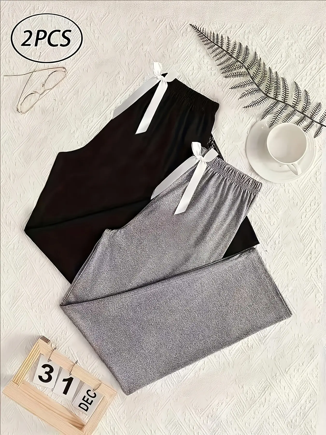 Women's Sleepwear Set, Pajama Set, Loungewear, Pure Color Long Pants with Bowknot Decoration, Casual Fitted Design, All Seasons Wear, Plain Pattern