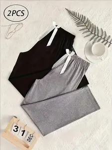 Women's Sleepwear Set, Pajama Set, Loungewear, Pure Color Long Pants with Bowknot Decoration, Casual Fitted Design, All Seasons Wear, Plain Pattern