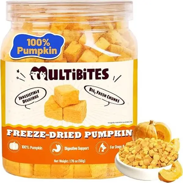 MultiiBites Freeze-Dried Pumpkin – Just One Ingredient: 100% Pumpkin. For Dogs & Cats. Supports Digestive Health and Gut Function. Freeze-Dried to Lock in Freshness – Low-Fat, Gut-Friendly, and Loved by Picky Pets.