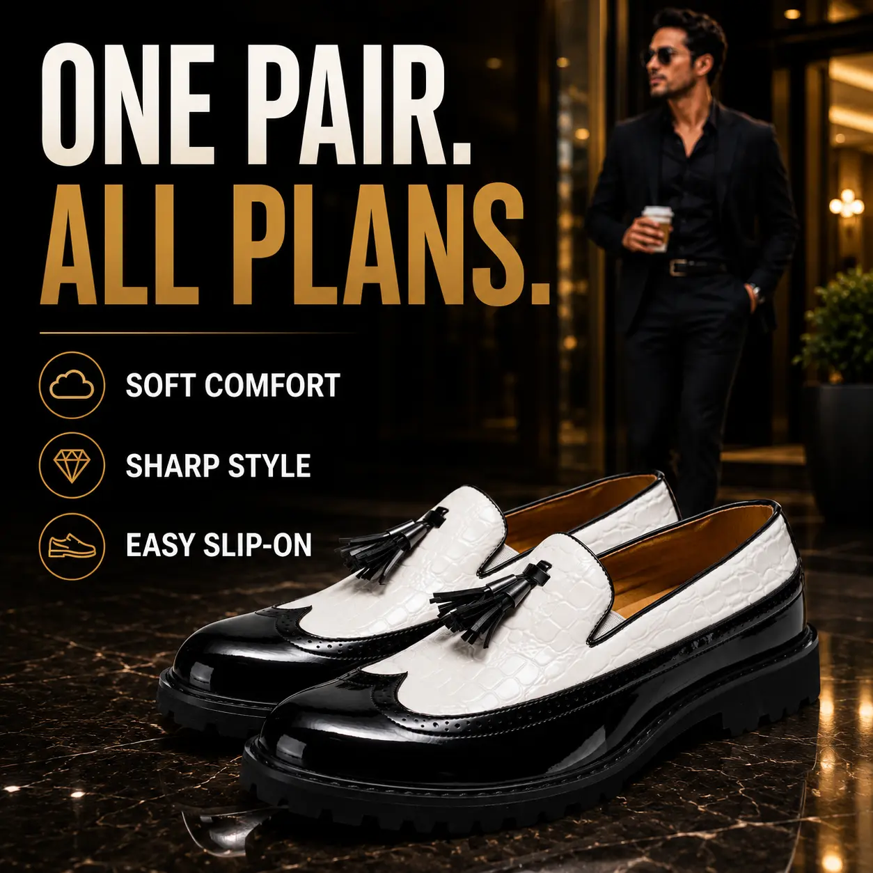 Men's Black & White Tassel Loafers, Croc Embossed Leather Wingtip Brogue Flat Walking Shoes with a Cushioned Round Toe, Footwear, Men's Shoes, Modest