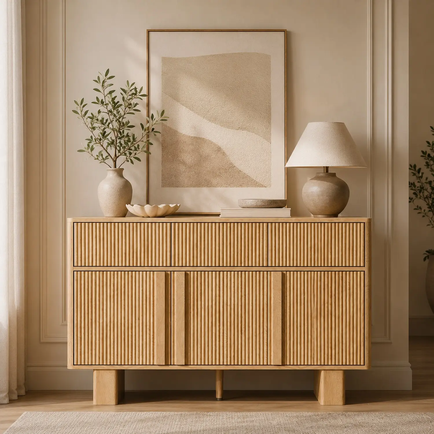 47" Wide Sideboard Buffet Cabinet with Storage, Modern Curved Credenza, Faux Marble Top Cabinet with Reinforced Legs for Dining Room, Living Room or Entryway, Light Oak