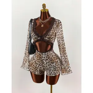 Vintage Leopard Print Sheer Low-Cut Jumpsuit