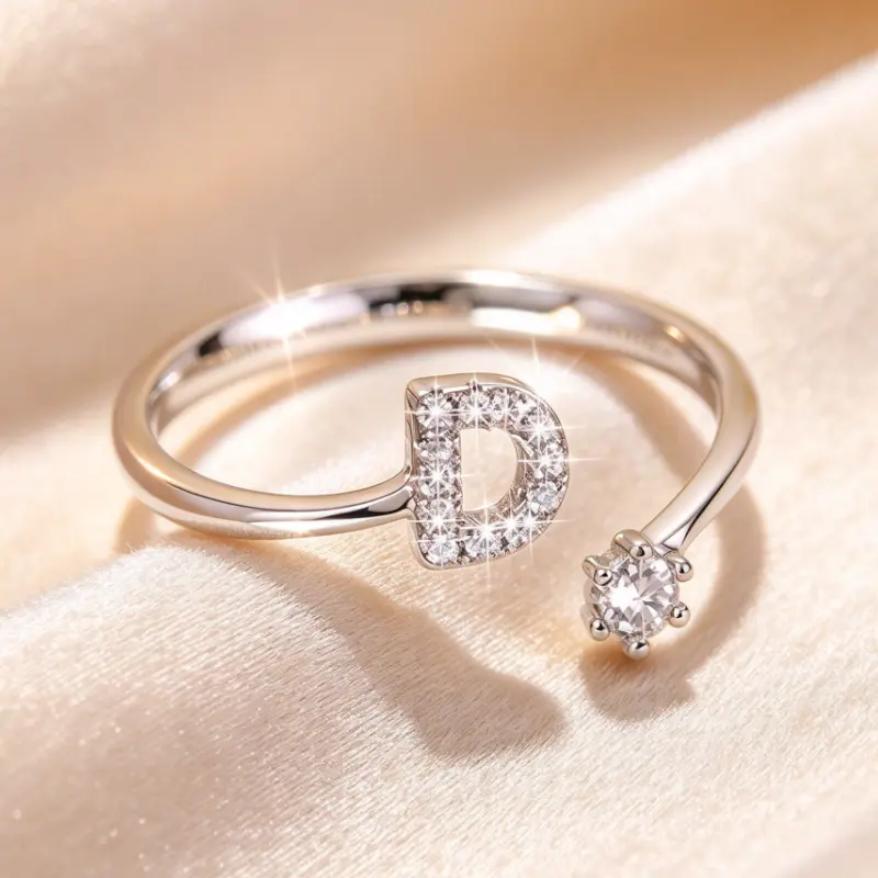 Adjustable Open Initial Letter Ring for Women, A-Z 26 Alphabet Paved CZ Stone Stackable Ring, Personalized Name Letter Jewelry Gift for Valentine's Day Christmas Birthday Anniversary