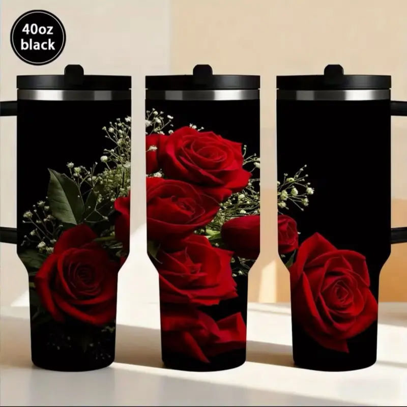 Elegant Red Roses Tumbler with Lid & Straw 40oz Double-Wall Insulated Travel Mug Thermal Cup with Interior Red Rose Design Spill-Proof Lid Straw for Hot Cold Drinks Ideal Gift for Women Men Christmas Birthday Valentine's Drinkware Bottles Flasks Portable