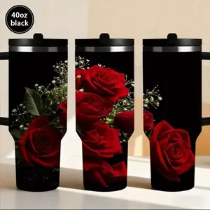 Elegant Red Roses Tumbler with Lid & Straw 40oz Double-Wall Insulated Travel Mug Thermal Cup with Interior Red Rose Design Spill-Proof Lid Straw for Hot Cold Drinks Ideal Gift for Women Men Christmas Birthday Valentine's Drinkware Bottles Flasks Portable