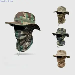 Camouflage Drawstring Bucket Hat Windproof Outdoor Sun Hat UV Protection Breathable Fishing Hiking Travel Camping Adjustable Wide Brim Bucket Cap for Men Women