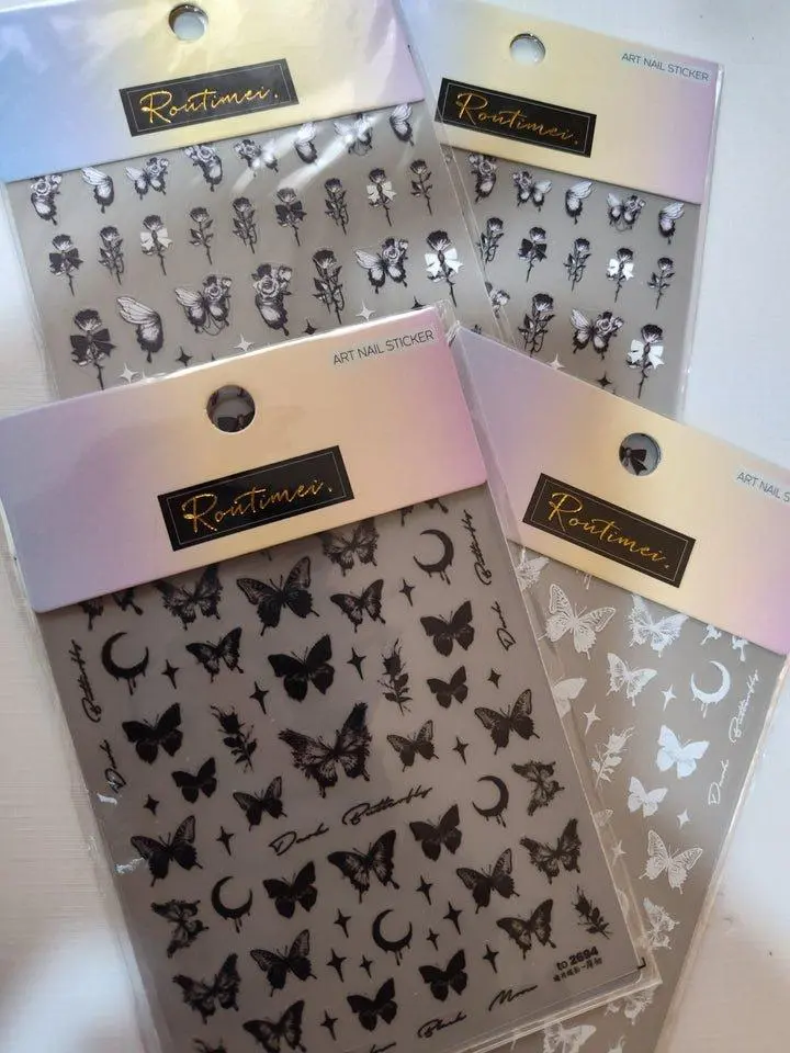 Butterfly & Roses 4PC Acrylic Nail Stickers Set - Black White Art Design for DIY Projects & Nail Decoration