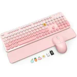 Keyboard and  Combo,  Soft- Wrist Rest, Round Keycaps, Full-Size Retro Typewriter Keyboard, 2-Stage Tilt , Auto Sleep, 2.4GHz Cordless for Windows PC, Blush  Ombre