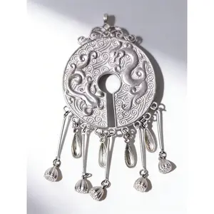 Handmade Embroidered Silver Round Pendant with Dragon & Lotus Tassel |     Boho Ethnic Style Necklace