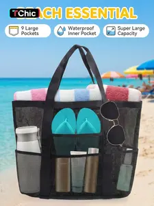 Mesh Beach Bag, Large Capacity Foldable Lightweight Beach Bag with Zipper & Pocket, Swimming Equipment Storage Bag for Home Pool, Boat & Holiday, Travel Essentials Bag