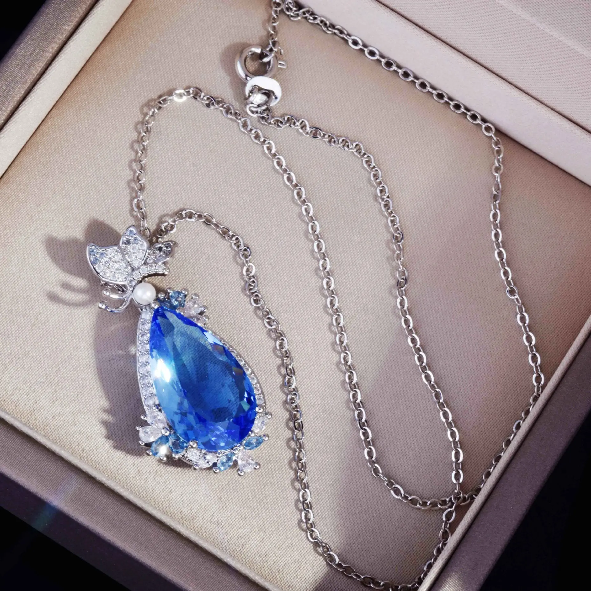 Royal Sapphire Teardrop Crystal Pendant Necklace