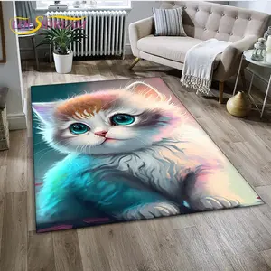 Cute Cartoon Kitten Flannel Area Rug - Colorful Gradient Cat Print Soft Mat for Kids' Room & Bedroom, Non-Slip Home Decor #CuteCatRug #CartoonKittenMat #KidsRoomDecor #FlannelRug #PetLoverHomeDecor