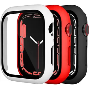Compatible with Apple Watch Screen Protector Case 45mm Series 9 8 7 iWatch Cover, 3 Pack Hard PC Edge Bumper Cases Full Coverage Touch Sensitive Protective Screen Covers, Red/White/Black, 45mm