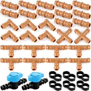 36 count Set Drip Irrigation Fittings Kit for 1/2" Tubing (.600" ID), 17mm Drip Barded Connectors with 12 Couplings, 8 Tees, 6 Elbows, 2 Cross, 2 Valves and 6 End Closure