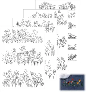 Water Soluble Embroidery Patterns 4 Sheets Stick and Stitch Embroidery Paper Wash Away Transfer Embroiderys Pattern Dissolvable Embroiderys Paper with Wash Away, Flower Floral Daisy Butterfly Designs