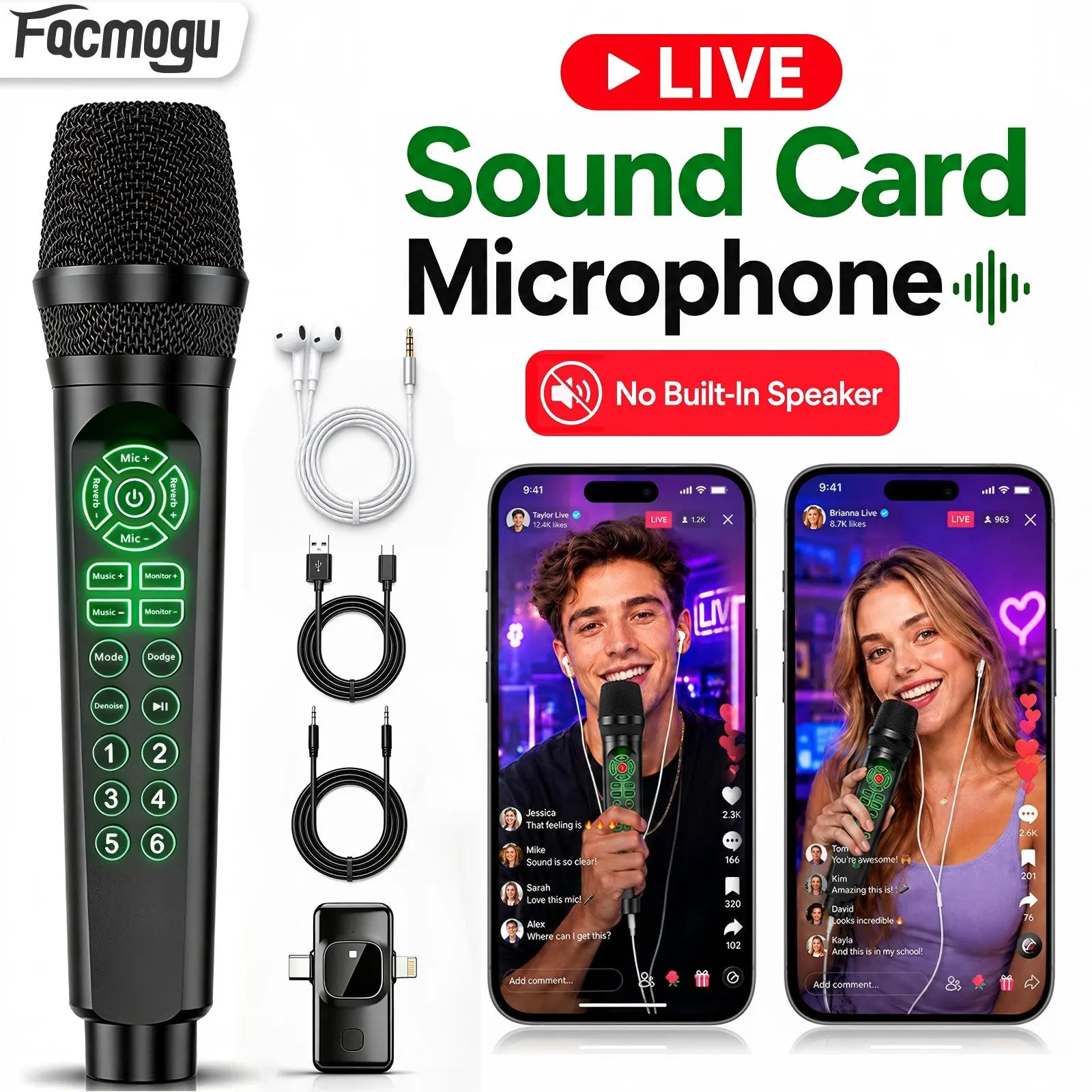 Facmogu Live Streaming Microphone with Built-in Sound Card, Plug-and-Play USB-C/Lightning Receiver for Android Smartphone, USB-C PC, Charging Support, Button Controls, Recording, Karaoke, Headphone Monitoring, Reverb, Voice Effects, Bluetooth BGM