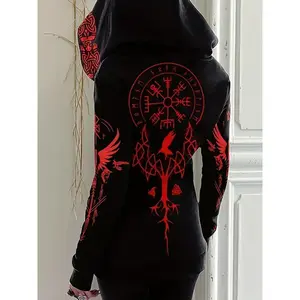 Viking Tribal Full-Body Print Hooded Zipper Hoodie - Retro Norse Totem & Viking Warrior Design, High Elasticity All-Season Casual Outerwear