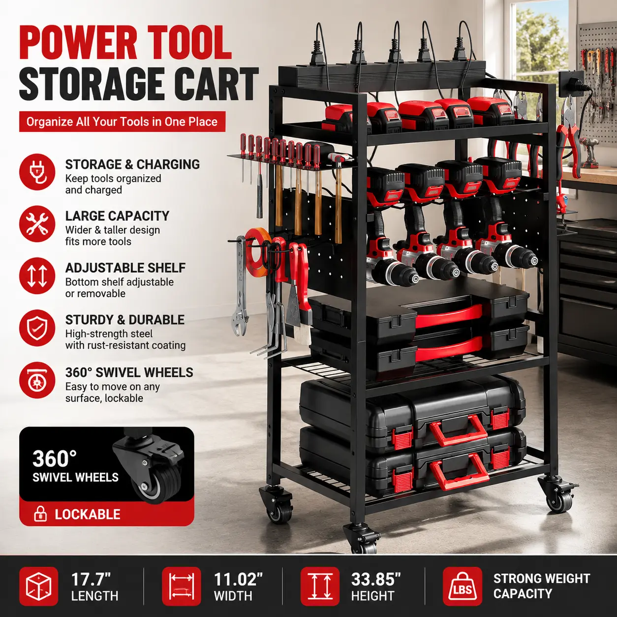 SUOERNUO Heavy Duty Rolling Power Tool Organizer Cart - 360° Rotatable Wheels, 17.7x11.02x33.85in Large Capacity, Rustproof Coating, Adjustable Second Layer, Fixed/Universal Drill & Battery Holder Utility Shelf, Christmas Gift for Workshop Organization, B