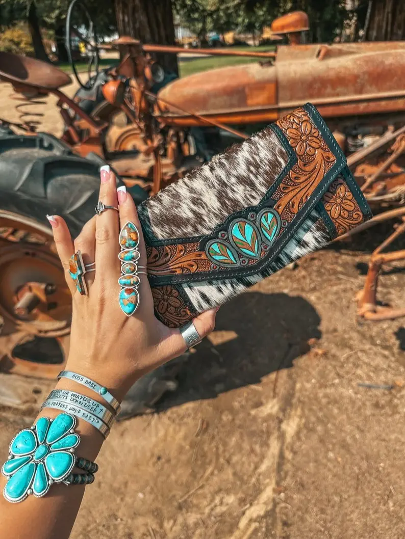 Haute Southern Hyde Turquoise Tooled Beauty Wallet Exclusive Cowhide Western Wallet with Unique Tooling Design