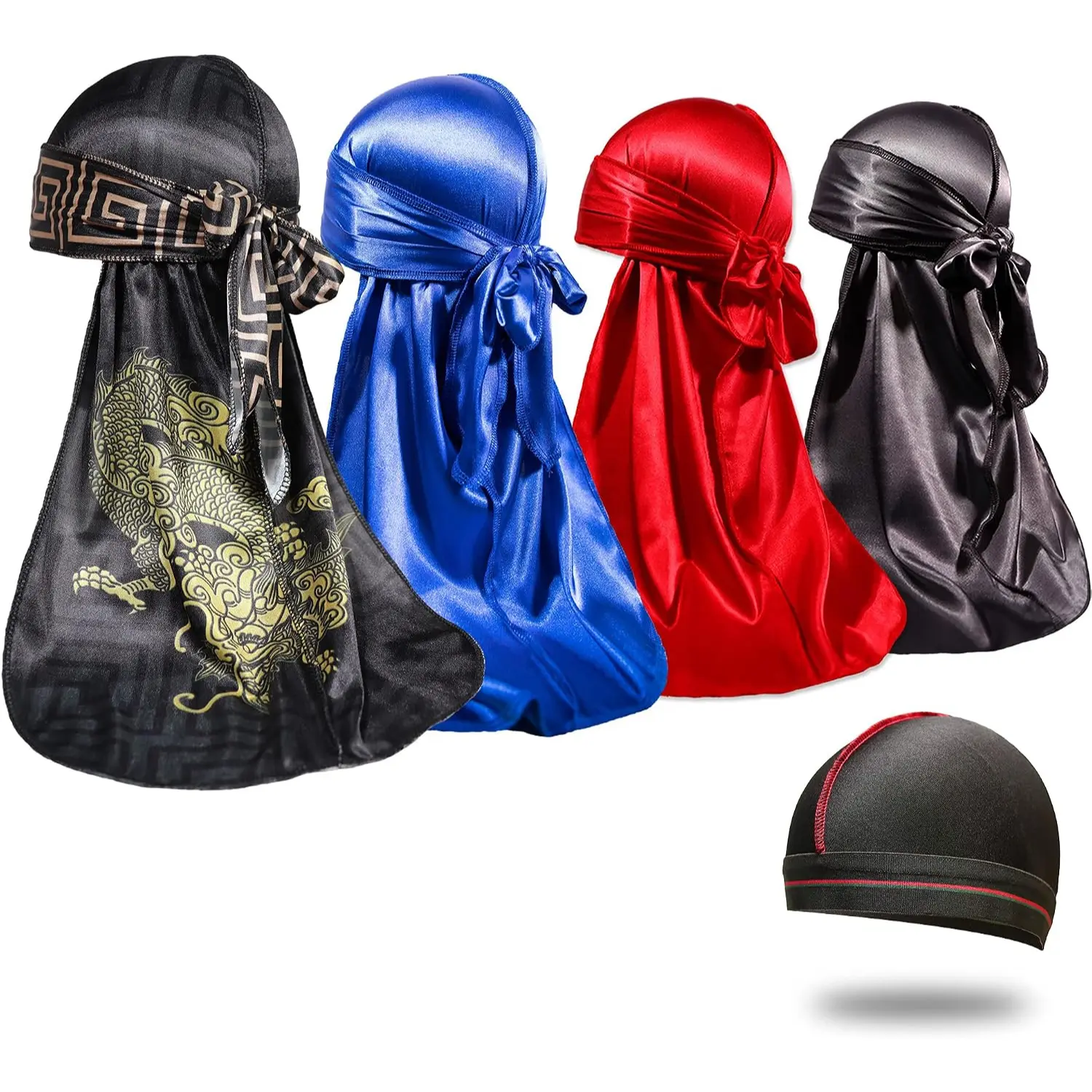 4 Pack Silky Durags with Wave Cap for Men Women