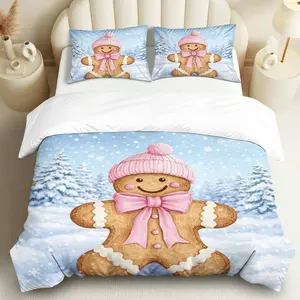3PCS Duvet Cover Set, 1 Duvet+2 Pillowcases(Without filler), Gingerbread Winter Snow Pink Cute theme, Christmas bedding set, Cozy Warm Festive Suitable for decoration Bedroom Living Room Guest Room Nursery.