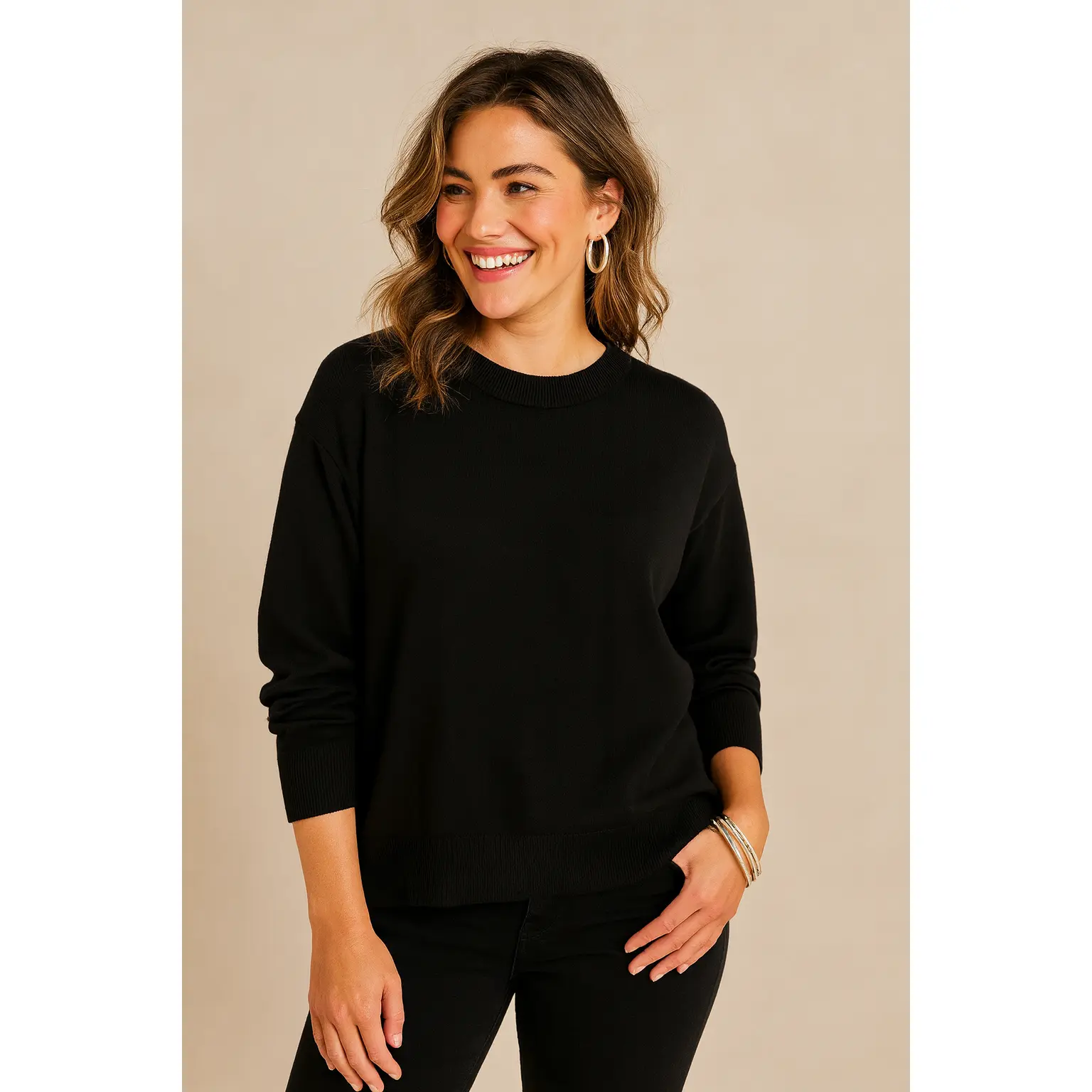 Drop Shoulder Crew Neck Sweater: Black S/M/L/XL