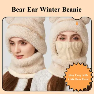Cute Bear Ear Windproof Winter Cycling Hat Warm Fleece Lined Beanie with Animal Ears for Cold Weather Outdoor Activities Men Women Beige