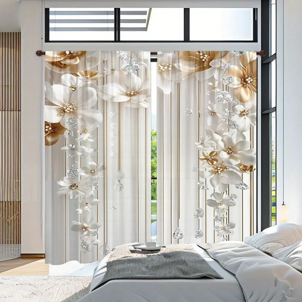 Floral Pattern Curtain, 2 Counts Modern Simple Rod Pocket Curtain, Window Drapes for Home Living Room Bedroom Balcony Kitchen Study Room, Home Decoration Curtain, Upgrade Curtain, Window Curtains