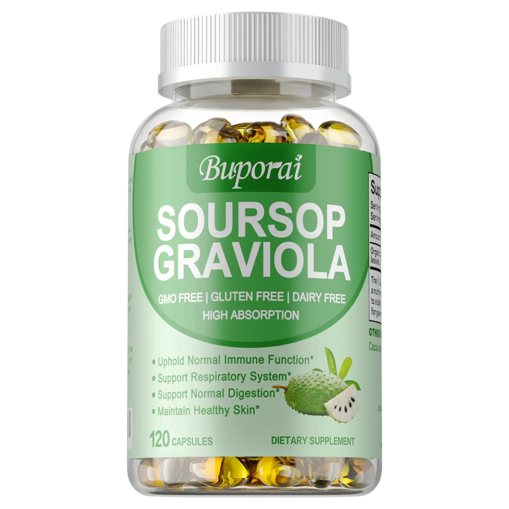 Buporai Soursop Graviola Capsules – 1000mg Organic Graviola per Serving – Supports Immune, Respiratory, Digestion & Skin Health – 120 Capsules for Adults