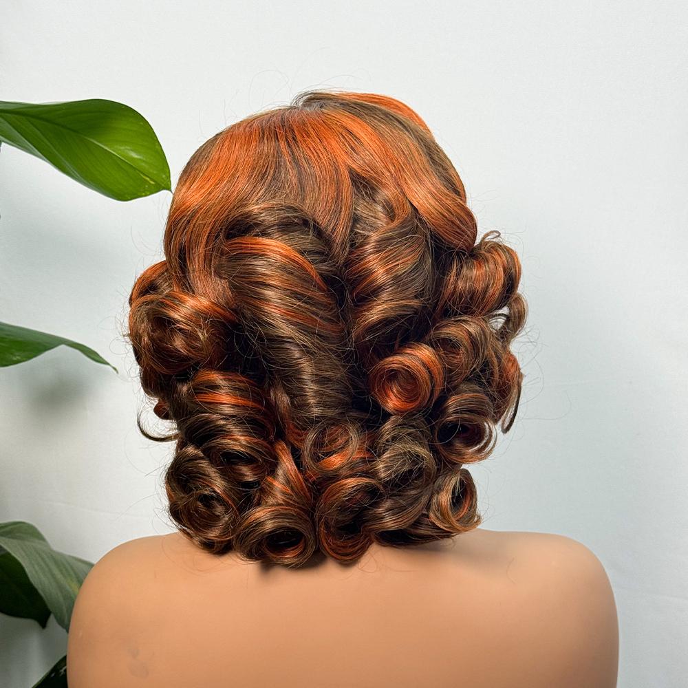 14 Inch Ombre Brown P4/350 Loose Bouncy Wave 200% Density Pre Cut Pre Plucked 5x5 Glueless Lace Wig Human hair Wigs 100% Vietnamese Hair Wear and Go Glueless Curly Wig