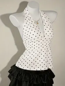 Summer Fashion New V Neck Polka Dot Tie Front Top Shirt, Elegant Backless Slim Fit Vacation Style Sexy Sleeveless Shirt