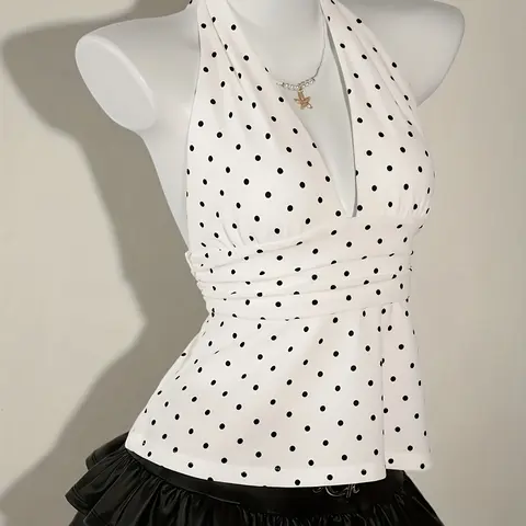 Summer Fashion Trendy New V Neck Polka Dot Tie Front Top Shirt, Elegant Backless Slim Fit Vacation Style Sexy Sleeveless Chic Classy Tops Womenswear Shirt Blouse