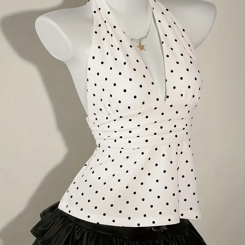 Summer Fashion Trendy New V Neck Polka Dot Tie Front Top Shirt, Elegant Backless Slim Fit Vacation Style Sexy Sleeveless Chic Classy Tops Womenswear Shirt Blouse