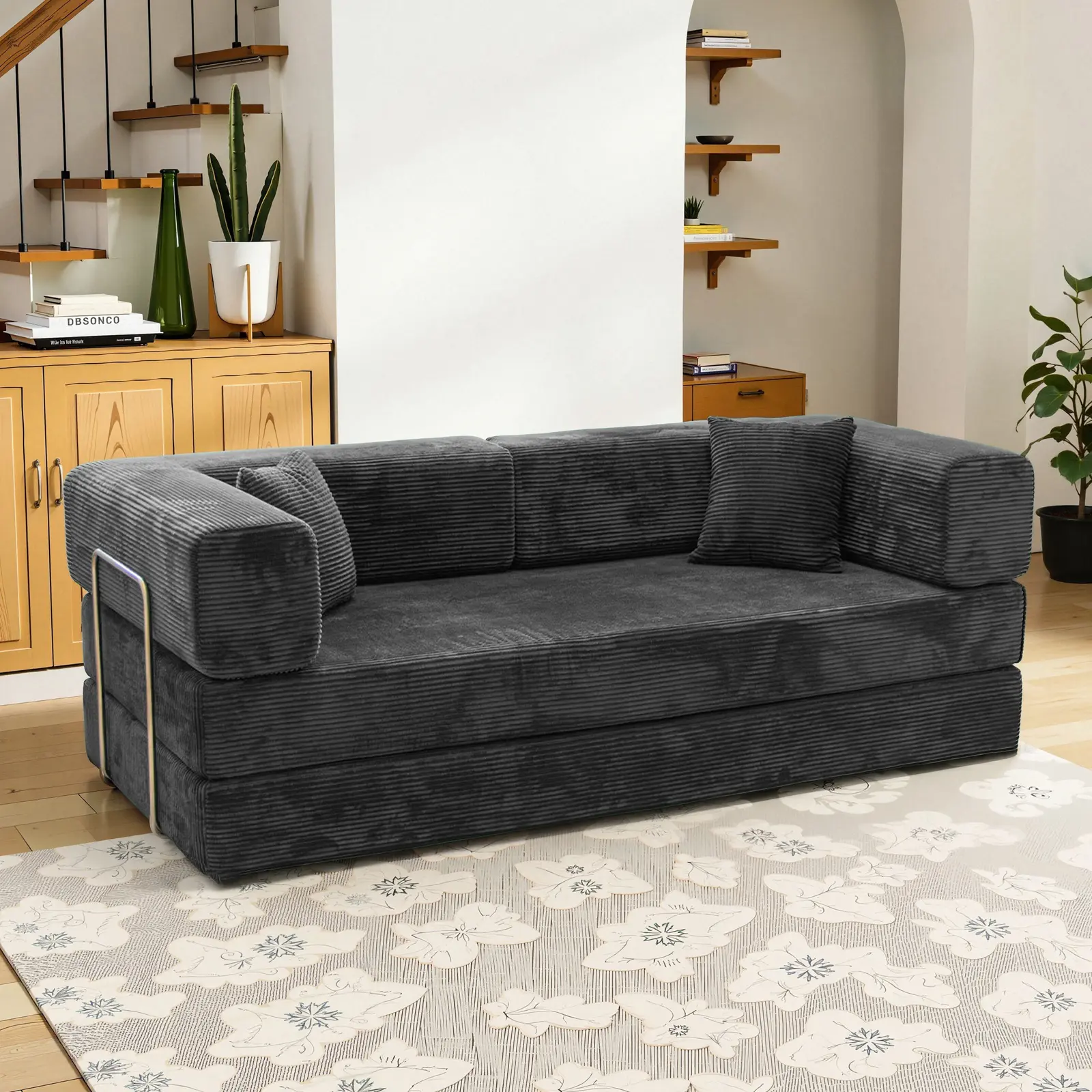 3-Seat Classic Combination Sofa Bed - 78.7in Corduroy/Foldable Convertible Sleeper with Cylindrical Pillow, Folding Mattress, Fixed-Arm Frame, Pre-Assembled for Living Room, Bedroom (Velvet Couch Variant), 3 Seats