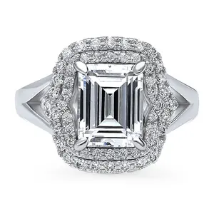 Halo Emerald Cut CZ Split Shank Ring in Sterling Silver