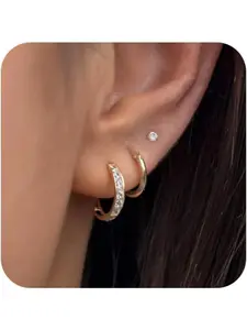 Ladies' Elegant Gold Earrings, 14k Gold-Plated Stackable Earring Set, Low-Allergenic Ear Bone Studs, Stackable Fashion Three-Hole Earring Set, Suitable for Multiple Piercings