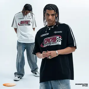 Vintage Raglan Racing Distressed Print Pure Cotton Short-Sleeve T-Shirt for Men and Women, Summer Top, Couple's Matching Style, Ins Style, Y2K Aesthetic, Dark Academia, Hip-Hop Fashion, Oversized T-Shirt, Subculture Cyber-Nostalgic