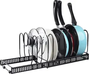 Expandable Pots and Pans Organizer Rack, Pot Lid Kitchen Cabinet Organizer Holder with 10 Adjustable Compartment, Cookware Rack for Kitchen Cabinet Storage, Black
