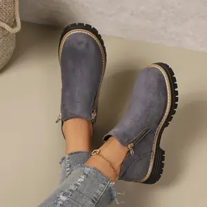 Women's Casual Boots Thick-Sole Mid-Heel Outdoor Boots Elegant Zipper Shoes for Daily Wear