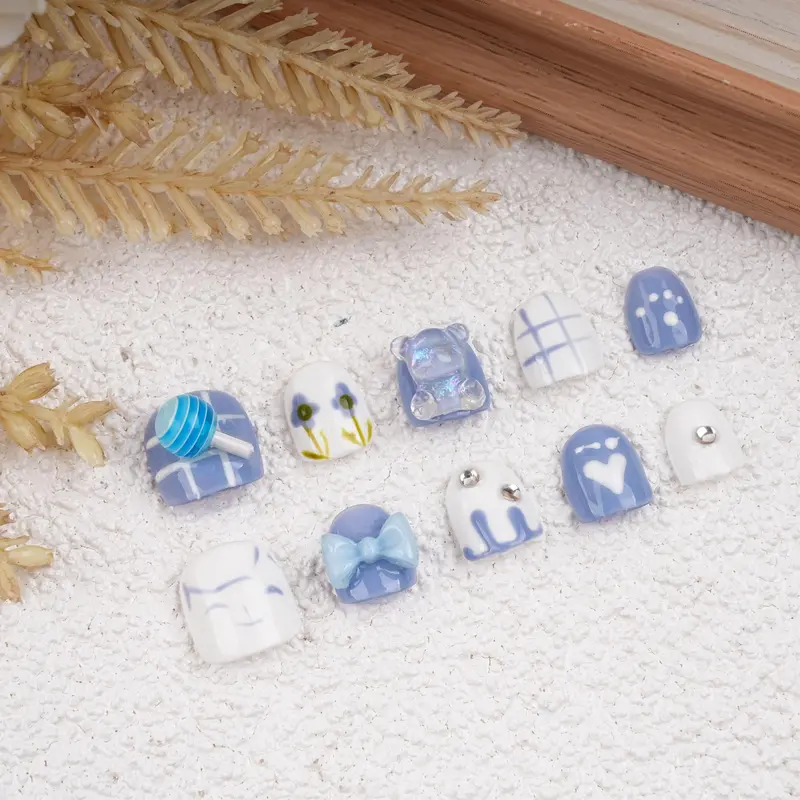 Cute Blue 3D Candy and Bear Design Kids Press On Nails,Flower Printing,Handmade Bowknot Glitter Diamond Manicure,Birthday Gifts