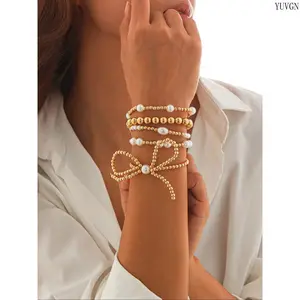 Elegant Faux Pearl Bowknot Beaded Bracelet, Sweet Luxury Pearl Charm Bangle, Trendy All-match Fashion Jewelry, Perfect for Daily Outfit Party Decor, Ideal Birthday Holiday Gift for Women Teen Girls