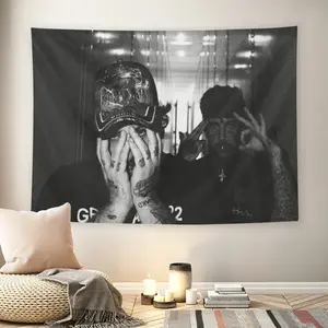 suicide-boy Black White Tattooed Duo Wall Flag, Underground Hip Hop Aesthetic Tapestry, Mid-century Modern Grunge Room Decor for Adult Fans, Edgy Dark Rap Group Photo Wall Hanging, Decoration Items