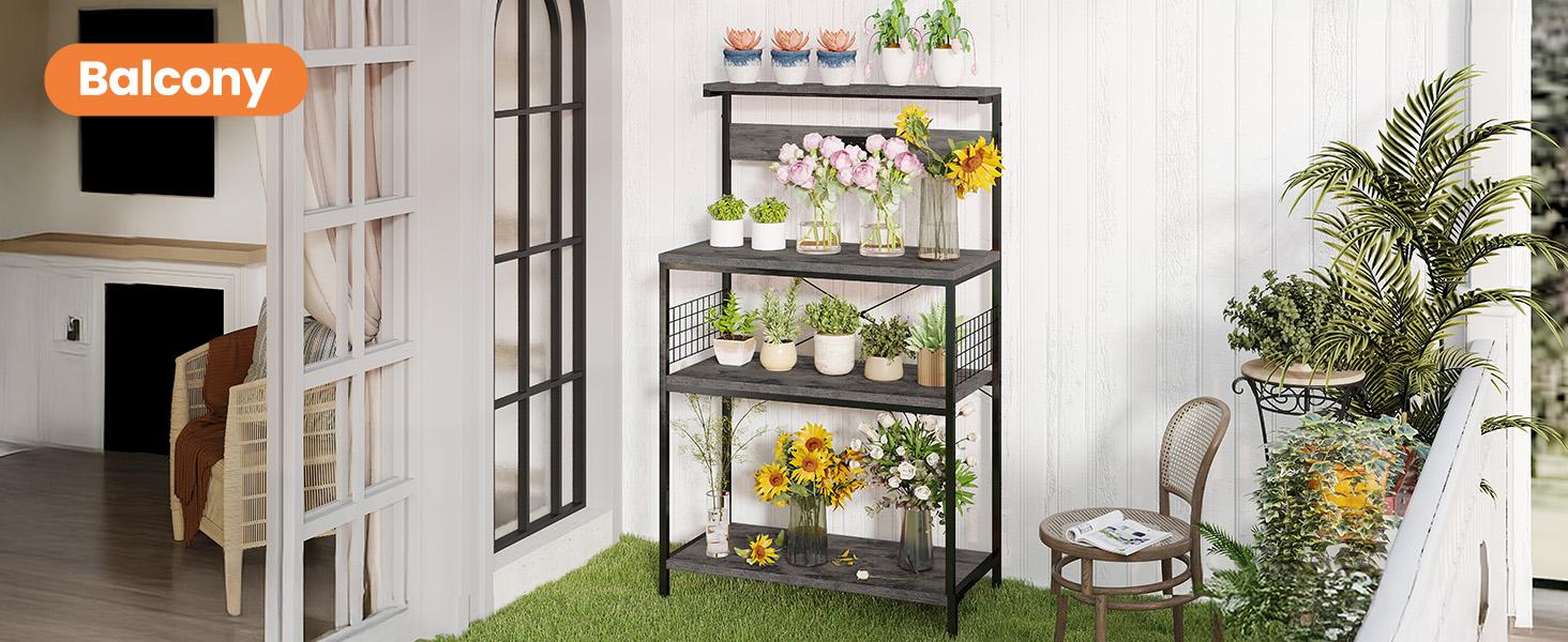 Kitchen Bakers Rack with Power Outlet, Coffee Bar Table 4 Tiers, Microwave Oven Stand Station, Adjustable Storage Shelf for Spices, Freestanding Appliance Organizer - 23.6 Inch